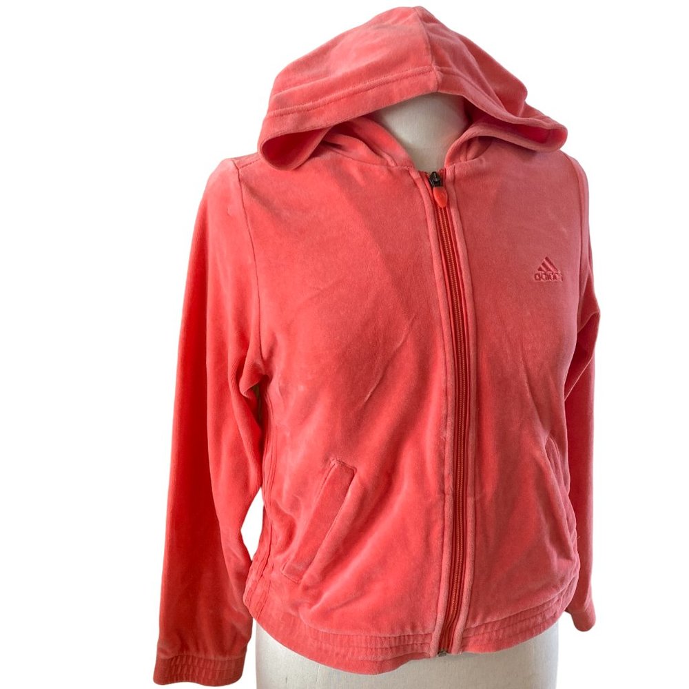 Y2K Adidas Velour Hoodie Track Jacket Zip Coral Lounge Streetwear McBling-S